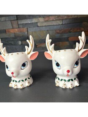 Rare Napco Smaller Rudolph Head Planter Vases - Mid Century Holiday Decor 1960
